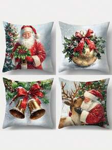 4 Packs Christmas Throw Cushion Covers , Santa Claus & Reindeer Holiday Patterns, Zippered, Machine Washable Pillow Cover, Festive Decor For Various Rooms,Polyester Fabric, For Home Sofa, Bedroom, Living Room Decor (Insert Not Included) - Multicolor - View 2