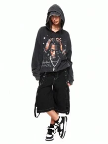 ROMWE Áo nỉ Unisex họa tiết chân dung cổ điển, phong cách đường phố, phù hợp để mặc hàng ngày - màu đen - Xem 1