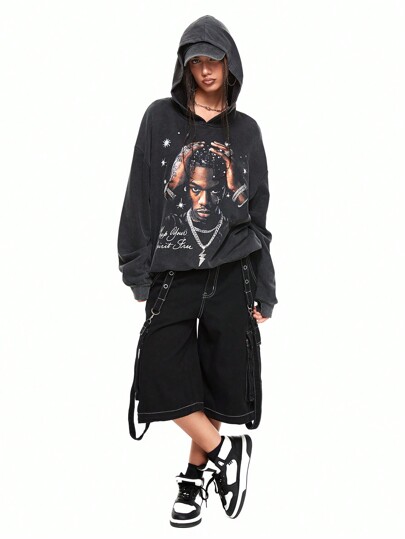 Sweat-shirt unisexe avec graphique de portrait vintage lavé, style streetwear, convenant pour le port quotidien