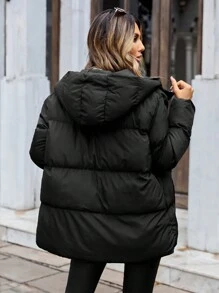 EURMUSE Zip Up Hooded Puffer Coat - Black - View 2
