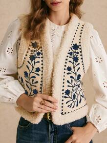 Poéselle Women's Printed Plush Sleeveless Fashion Vest Jacket, Plush Waistcoat Inside, Warm All The Autumn And Winter Wear, Suitable For Daily Street, Holiday, Home