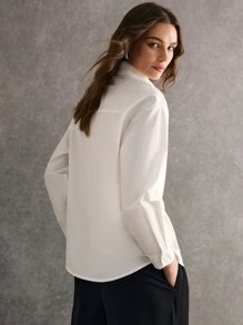 Poéselle 女士立体钻花朵落肩长袖单排扣上衣白色长袖衬衫立体花衬衫精致优雅商务休闲女士秋季款衬衫 - 白色 - 查看 7