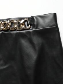 Women's Metal Chain Patchwork PU Leather Pencil Skirt - Black - View 4