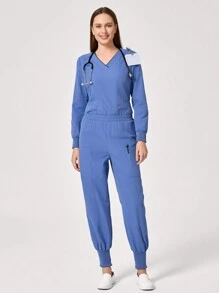 TaskEZ V-Neck Long Sleeve Pocket Minimalist Top & Pants Scrub Uniform Set - Blue - View 8