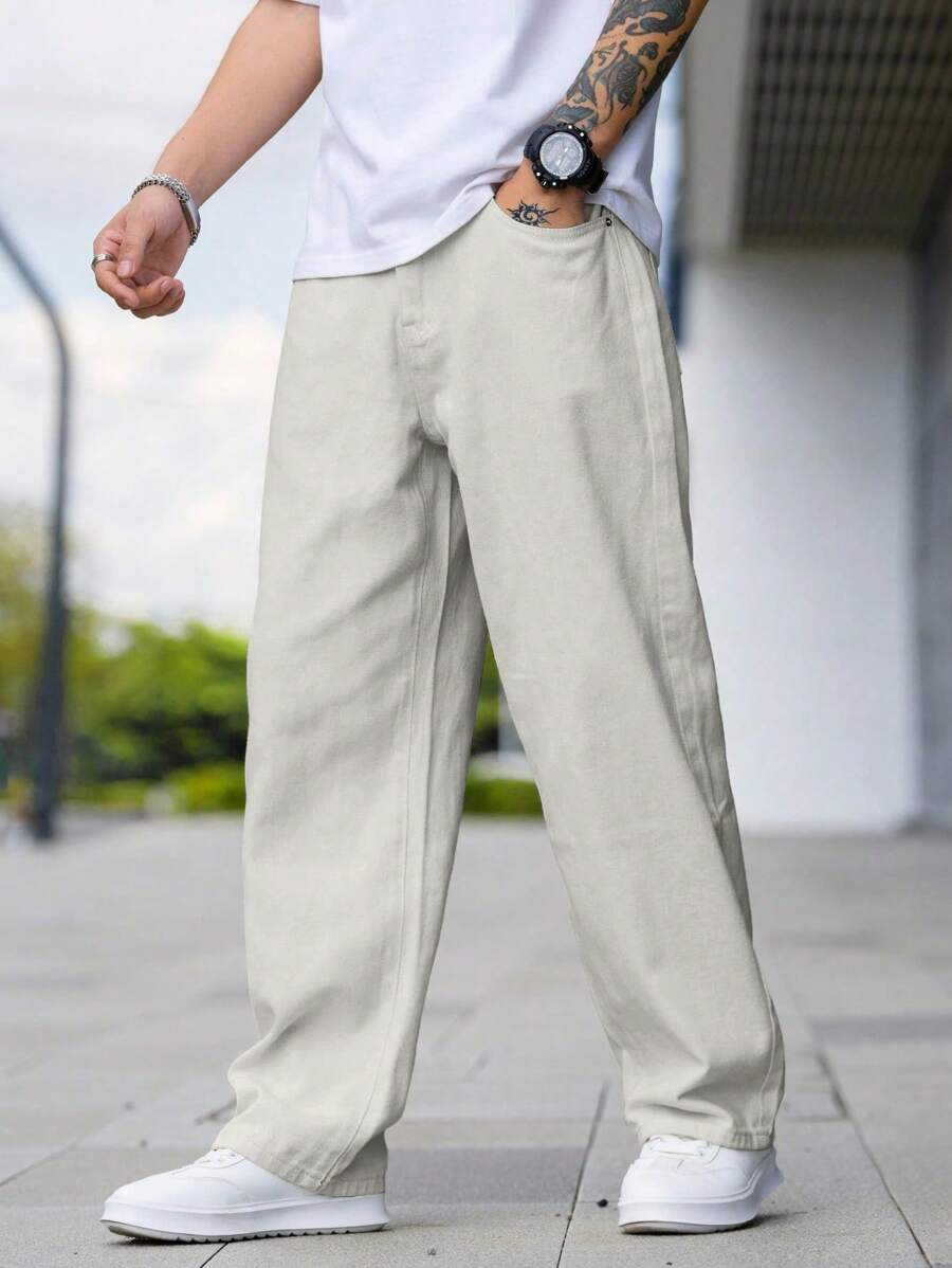 Manfinity Homme Men's Casual Everyday Slant Pocket Simple Versatile Loose Straight Leg Jeans - Grey - View 1