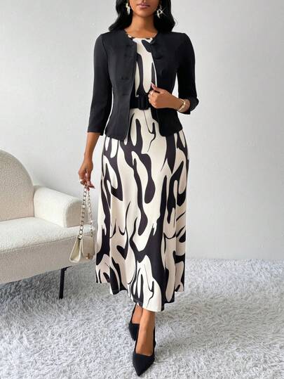 SHEIN Lady Women 2pcs Set: Solid Color Elegant Blouse And Random Print Dress, Autumn