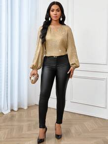 SHEIN Lady 四季婚礼宾客锁孔领口灯笼袖衬衫金属衬衫工作女士衬衫长袖女士衬衫女士衬衫，长袖上衣 - 金色 - 查看 7