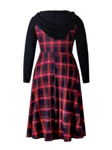 SHEIN LUNE Plus Size Women Plaid Patchwork Hooded Casual Christmas Colorful Knitted Dress - Multicolor - View 2