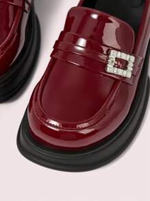 CUCCOO DOLLMOD Comfy Casual College Style Thick-Soled Square Rhinestone Buckle Loafers, Red For Christmas And New Year Holiday Vibe Fall And Winter