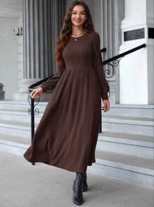 EMERY ROSE 女士圆领红色连衣裙灯笼袖罗纹紧身冬季连衣裙 - 棕色 - 查看 6