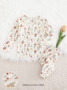 Cozy Pixies Conjunto de pijama de 2 piezas ajustado para bebé niña, con top de cuello redondo de manga larga de punto suave con estampado floral diminuto y pantalones