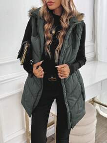 SHEIN Clasi Slant Pockets Sleeveless Argyle Quilted Vest Coat Hooded Warm For Autumn And Winter,Winter Clothes For Women,Winter Women Coat, Hooded