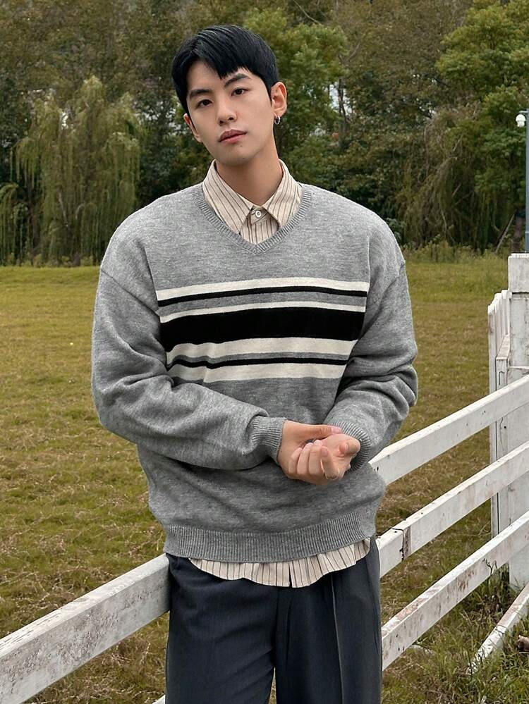 Men's Striped Patchwork Long Sleeve Casual Sweater, Autumn