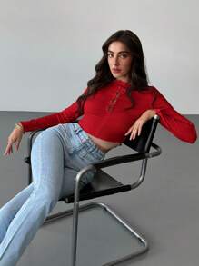 Aloruh Romantic Tight Fit White Long Sleeve Round Neck Ruffle Bowknot Front Slit Detail T-Shirt For Women - Red - View 5