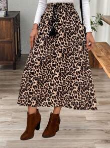 EMERY ROSE Women Tie Front Fringe Detail Leopard Print A-Line Casual Skirt - Brown - View 3