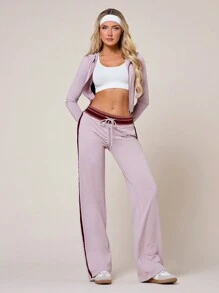 VARSITIE Cold Fall Winter Clothes Women Casual Sports Contrast Striped Hooded Slim Fit Jacket - Dusty Pink - View 4