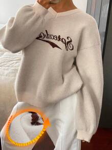 DAZY Suéter holgado de manga larga con cuello en V y estampado jacquard de letra para mujeres
