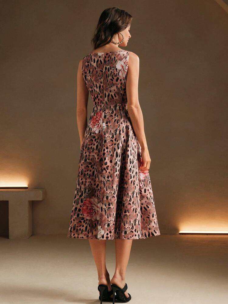 Women Leopard & Floral Print Fitted Waist Elegant Mid-Length Dress, Autumn And Winter