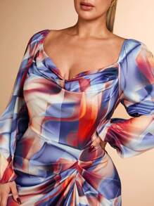SHEIN BAE Vestido de mujer de talla grande elegante con estampado de mármol, abertura, drapeado y volantes, adecuado para uso casual, vacaciones, citas y fiestas