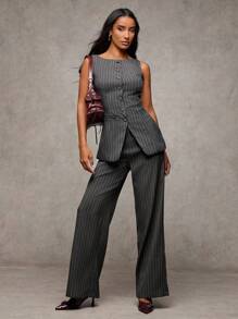 SHEIN BAE 条纹印花圆领无袖上衣，前扣式设计，搭配长裤，秋冬优雅通勤套装 - 彩色 - 查看 5