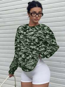 Polina Brazil Artist Women's Green Camouflage Crew Neck Sweatshirt, Suitable For For Holiday, Vacation, Spring, Festival, For Workout, Ibiza Fits