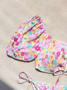 Swim Vcay Summer Beach Floral Print Drawstring Front Bikini Set - Multicolor - View 4
