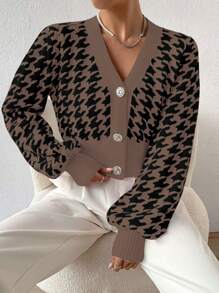 Chiquease Houndstooth Print V-Neck Button Front Long Sleeve Casual Cardigan