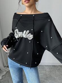 SHEIN Privé Women's Open Shoulder Batwing Sleeve Drawstring Beaded Sweatshirt - Black - View 6