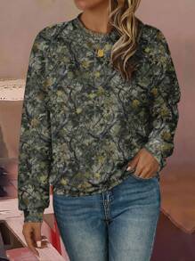 ORANGE STUDIO Damen Sweatshirt im Künstler-Look mit Camouflage- und Blättermuster, legerer minimalistischer Stil, geeignet für Herbst, Feiertage, Neujahr, Winter, Urlaub, Frühling, Festival