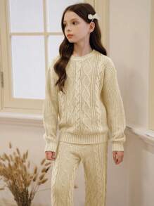 SHEIN 2pcs/Set Tween Girl Fashion Set, Korean Style Cable Knit Sweater + Drape Pants - Apricot - View 4