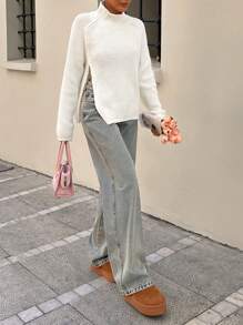 RueChic Casual Turtle Neck Rib Knit Raglan Sleeve Zipper Detailed Asymmetric Cozy Sweater - Beige - View 5