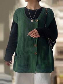 SHEIN LUNE Plus Size Women's Solid Color Simple Sleeveless Knit Cardigan For Daily Wear - Green - View 4