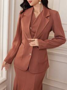 Modelyn Bộ vest thanh lịch 2 món cho nữ áo cổ chữ V viền bất đối xứng + áo khoác dài tay cài nút phía trước + chân váy - Bụi hồng - Xem 6