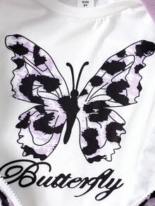 SHEIN 3 sztuki/zestaw dziewczęca kurtka bomberka z nadrukiem w panterkę, koszulka z krótkim rękawem w kolorze białym z nadrukiem motyli i elastyczny pas, spodnie dresowe typu jogger