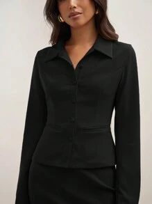 COSMINA Bộ 2 món/Bộ đồ nữ đơn giản màu trơn cổ bẻ dài tay cài nút đơn và chân váy, mùa thu - màu đen - Xem 5