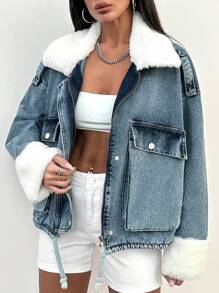 RueChic WOMEN DENIM FUR DETAILED DENIM JACKET - Light Wash - View 4