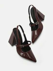 CUCCOO BIZCHIC Simple Basic Coffee Brown Thick Heel Pointed Toe Strap Women's Shoes, Fashion Spring Shoes Spring Break Easter