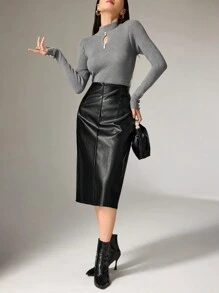 Modelyn Casual Solid Color Hollow Out Stand Collar Slim Fit Sweater, Autumn/Winter - Grey - View 3