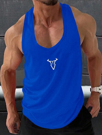 Manfinity Sport PWRUP 男士运动无袖运动 T 恤、吊带、背心 - 训练和健身房和健身落袖剪裁吸湿排汗、透气、速干公牛印花图案蓝色常规版型针织面料圆领无弹力 - 男友风格男士图案印花圆领无袖运动背心、夏季健身上衣透气