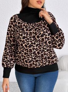 Plus Size Women Casual Chiffon Leopard Patchwork Elastic Ribbed Funnel Neck Cinched Shirt, Fall - Brown - View 1