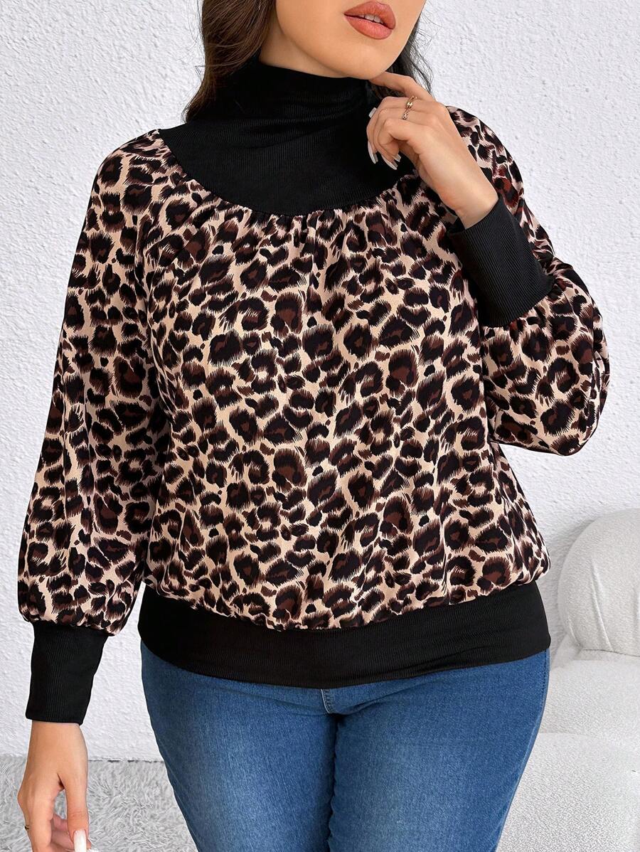 Plus Size Women Casual Chiffon Leopard Patchwork Elastic Ribbed Funnel Neck Cinched Shirt, Fall - Brown - View 1