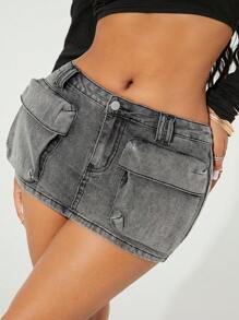 SHEIN SXY Minifalda de mezclilla ajustado con bolsillos cargo para mujeres - Gris - Ver 2