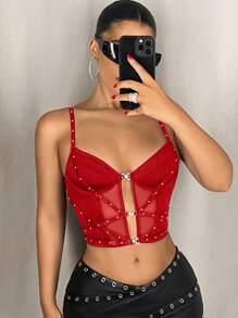 SHEIN ICON 女士铆钉带装饰透明网眼拼接短款吊带背心 - 紅色 - 查看 1