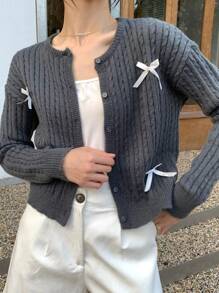 INAWLY 1 Stück Damen Rundhals Knopfverschluss Schleife Dekor Langarm Strickjacke