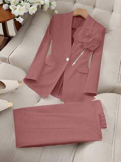 SHEIN Clasi Elegancki damski komplet garniturowy z kołnierzykiem i długim rękawem, kwiatowym wzorem, dwuczęściowy, z jesienną, noworoczną odzieżą