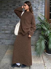 DAZY 2pcs Solid Color Loose Hoodie Sweater And Straight Skirt Set For Women,Fall Women Clothes - Brown - View 6