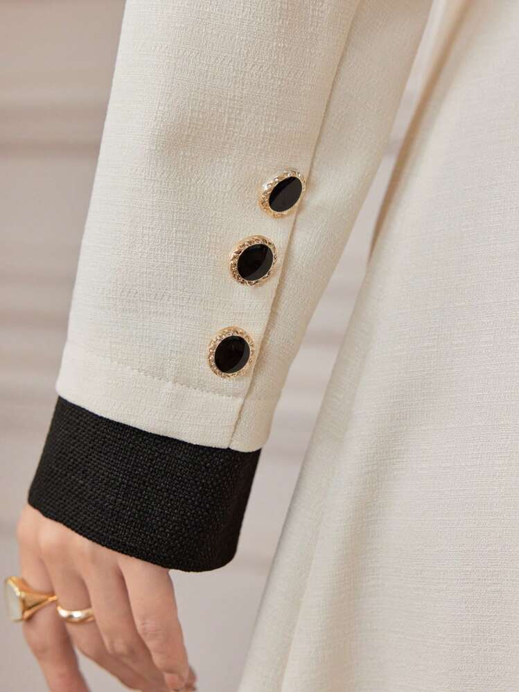 Modelyn 2 件套优雅撞色拼接无袖长裙和夹克女士套装，秋季 2 件套 - 黑與白 - 查看 2