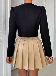 Calvaya 2pcs Flower Decor V-Neck Single Breasted Jacket And Pleated A-Line Skirt Set For Women