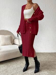 SHEIN Clasi 2 件套休闲纯色开衫和开衩下摆针织裙，秋冬 - 酒紅色 - 查看 6