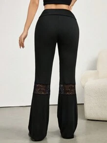 INAWLY 女士纯色腰部褶饰拼接蕾丝喇叭优雅裤 - 黑色 - 查看 4